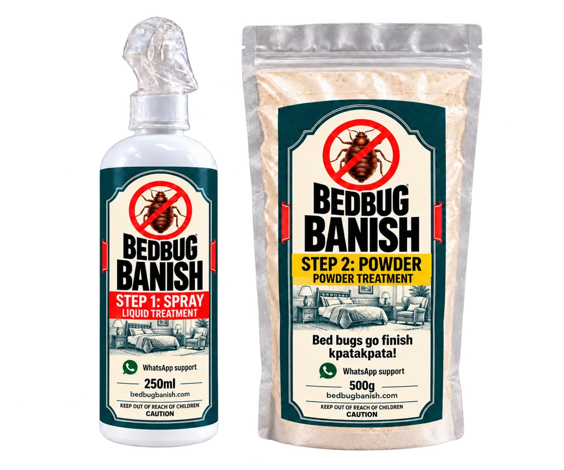 BEDBUG BANISH Step 1 spray bottle and Step 2 powder pouch